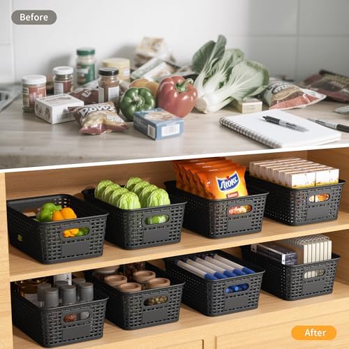 8 Pack Plastic Storage Baskets,Black Stackable Storage Bins