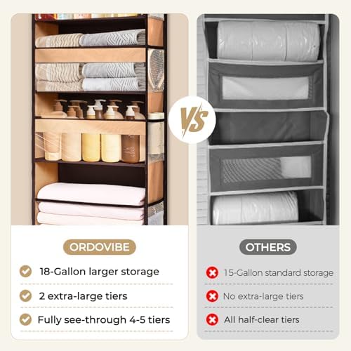 5 Tiers Over Door Organizer with 10 Mesh Side Pockets, 44 lbs Weight Capacity Hanging Storage Organizer with Clear Window Kids Toys, Shoes, Diapers, Brown