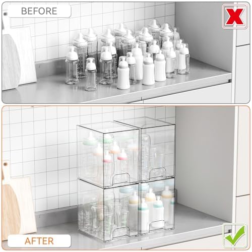 Yieach 2 Pack Clear Stackable Storage Drawers,7.6" H Baby Bottle Organizer,Acrylic Drawer Containers for Cosmetics,Skincare,Beauty Products,Cabinet,Vanity,Kitchen,Under Sink and Bathroom Storage Bins