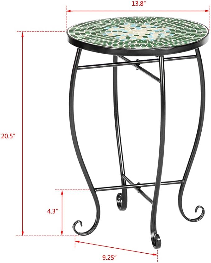 Mosaic Patio Table,Outdoor Side Table,14inch Accent Table Plant Stand Decor, Small Vintage Outdoor End Table with Stained Glass Mosaic & Iron Frame for Patio Garden Balcony Poolside (Green Flower)