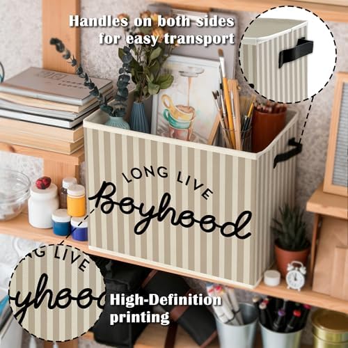 Black Long Live Boyhood Boys Storage Bins Box with Handles, Beige Stripe Collapsible Basket Organizer for Kids Teen Boy Nursery Room Bedroom Bathroom Playroom Books Clothes