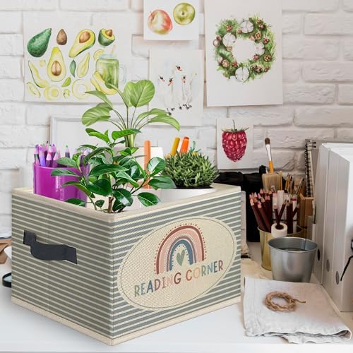Boho Rainbow Reading Corner Foldable Storage Bins Box with Handles, Book Lovers Gifts Collapsible Toys Books Clothes Organizer Basket for Kids Nursery Reading Room Bedroom Classroom