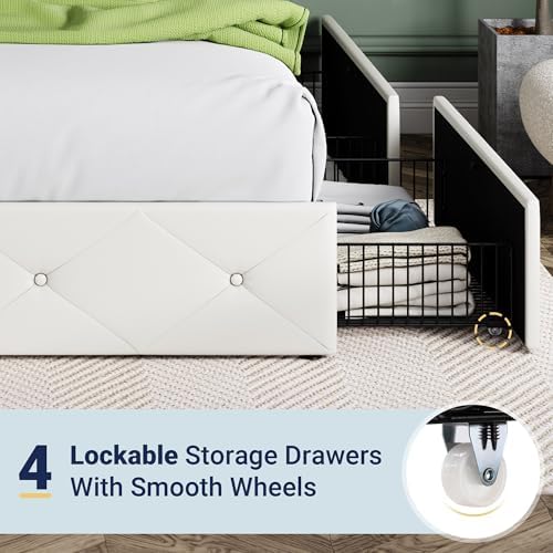 Allewie Full Size Storage Bed Frame with 4 Underbed Drawers, White
