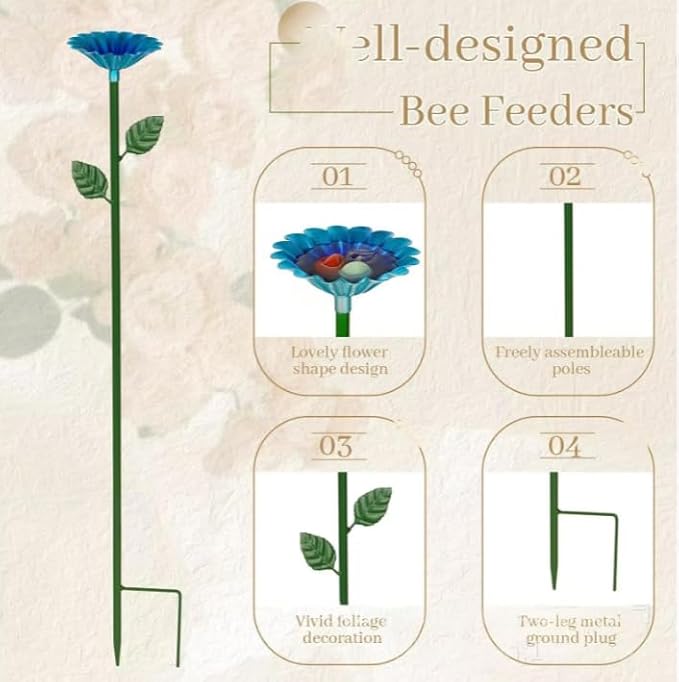 4 Pack Bee Watering Station | Bee Bath for Garden | Colorful Metal Bird Butterfly Water Feeder Supplies for Outdoor Yard Farm Decor Flower Design