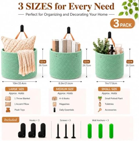 Honeydak 3 Hanging Baskets, Sage Green, Cylinder, Cotton Rope | Wicker Wall Baskets with Hooks for Fruit Vegetable Onion Storage, Teardrop Organizer for Kitchen, Boho Farmhouse Decor