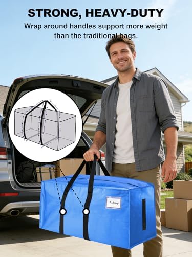 HOMESURE Supports 200lbs Heavy Duty Moving Bags - Strong Zipper & Wrap-Around Handles - Water-Resistant Storage Totes, Durable Alternative to Moving Boxes - 12 Pack - Sky Blue