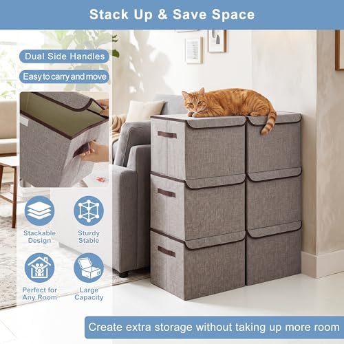 Bagnizer Large 42 Quarts Fabric Storage Bins with Lids [2-Pack] Linen Collapsible Foldable Storage Cubes, Closet Organizer Containers boxes with Handles for Home Office (16.7 x 12 x 12, Gray)