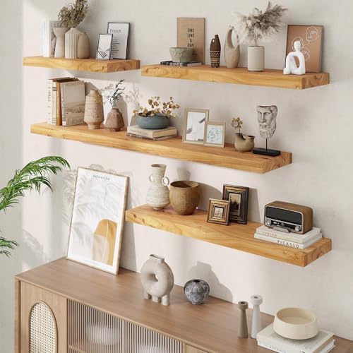 Acovy Extra Deep 32" Long Rustic Solid Wood Floating Shelves for Wall, Wall Shelves with Invisible Bracket for Living Room Bathroom Bedroom Kitchen, Set of 2, Natural