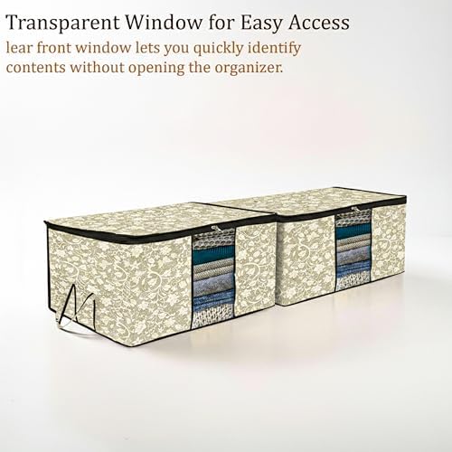 Kuber Industries Underbed Storage Bag | Clothes Storage Organizer | Blanket Cover with Clear Window | Zipper Closure & Handle Cloth Organizer | Flower-Design | Large | Pack of 2 | Black