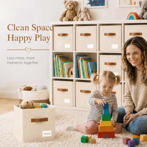 Storage Cubes 8 Pack, 11 Inch Fabric Storage Cubes Organizer Bins with Labels, Odor-Free & Sturdy PP Structure, Cubby Baskets for Closet, Shelves, Toys & Nursery (Beige)