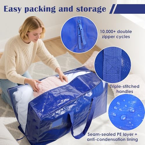 6 Pack Moving Bags with Full-Open Side Zipper, Extra Large 93L Heavy Duty Waterproof Foldable Storage Totes for College Dorm, Moving & Home Organization,Blue