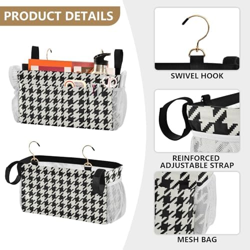 Classic Houndstooth Print Bedside Caddy Storage Bag Bedside Organizer for Bunk Bed Headboards College Organizer Caddy Hanging Shelf 6 Pockets with Hooks for Drinks Magazine Phone Holder