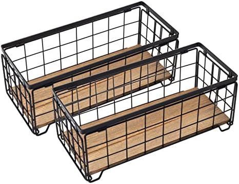TIEYIPIN Metal Wire Storage Basket, Toilet Paper Roll Holder Wood Base Countertop Decor Box Toilet Tank Shelf Cabinet Organizer for Bathroom Pantry Garage Bedroom Livingroom (Black (2 Pack))
