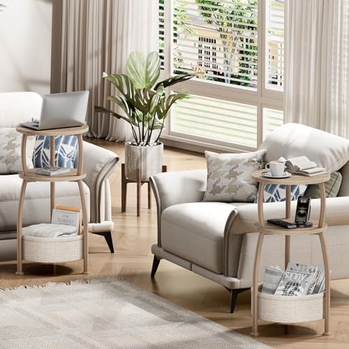 Small Side Table with Storage Basket for Living Room, 11.81in | Round End Table Bedroom, 3-Tier Bedside Table Stand for Entry, Garden, Spaces Saving, Tall 24in, Farmhouse Light Oak