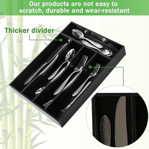 Greenual 2 Pack Black Silverware Organizer 10 In Utensil Organizer Silverware Tray for Drawer Cutlery Flatware Organizer for Kitchen Bamboo Wood