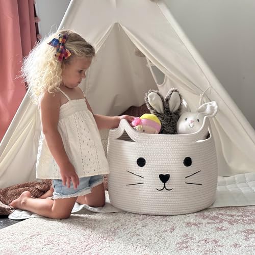 Large Woven Rope Cat Toy Basket with Cat Face Design, White