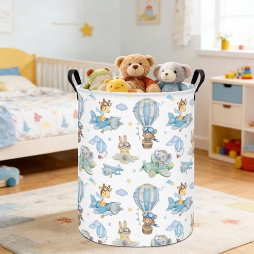 Round Fabric Collapsible Storage Basket with Handles, Airplane Animal
