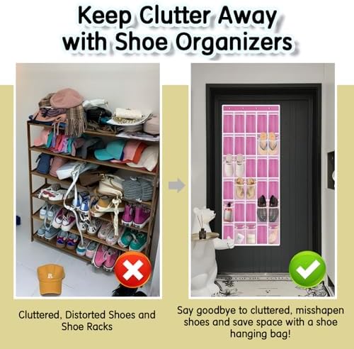 Kotkn Over the Door Shoe Organizer with 30 Breathable Mesh Pockets - Large Capacity Closet Storage for Men & Women, Hanging Shoe Rack Organizer (Pink)