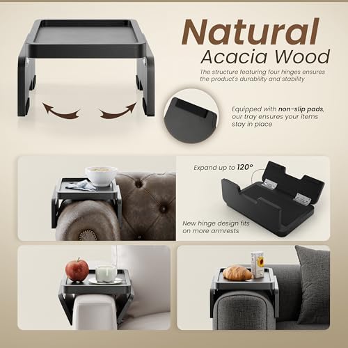 HOLANA Acacia Sofa Arm Tray Table, Double Hinge, Clip-On Couch Tray, Black | Solid Acacia Wood, Spacious Surface, Clips Securely with Double-hinge Grip, Foldable & Portable, Multipurpose, No Assembly