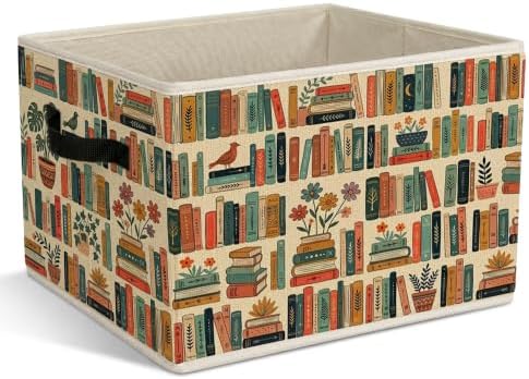 Vintage Cottagecore Bookshelf Book Storage Bins with Handles, Bookish Collapsible Laundry Basket Organizer for Library Reading Room, Book Lover Reader Gifts Decorative Storage Boxes