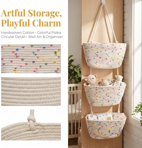 Hanging Basket, Over Door Organizer, 3 -Tier Wall Basket with Hooks