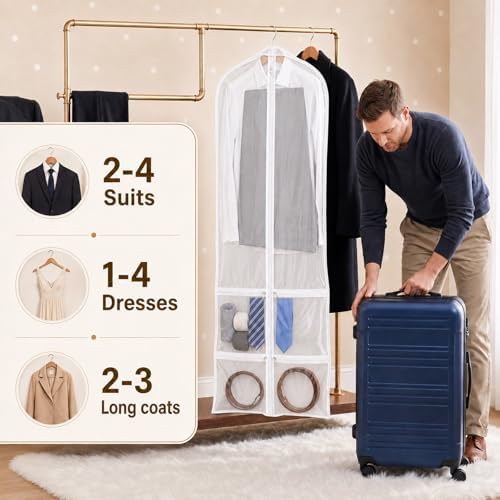Tranqun 2 Pack 65" Long Wedding Garment Bags for Gowns Dress, Clear, White