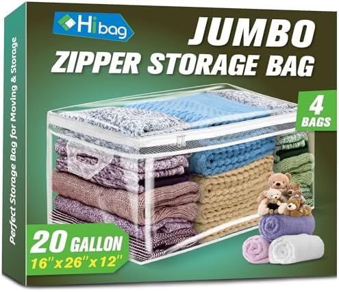 HIBAG 20 Gallon Large Storage Bag for Clothes, Zipper Clothing Storage Bag, Clear Organizer with Reinforced Handles, for Comforters Blankets Pillows Bedding (4 Pack)