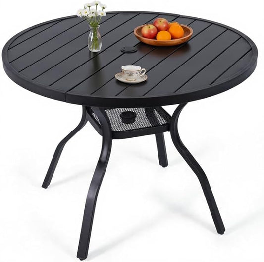 41" Outdoor Dining Table for 4 Person, Metal Round Patio Dining Table with Adjustable Umbrella Hole for Garden, Partitioned Storage Shelf, Backyard and Porch, Black