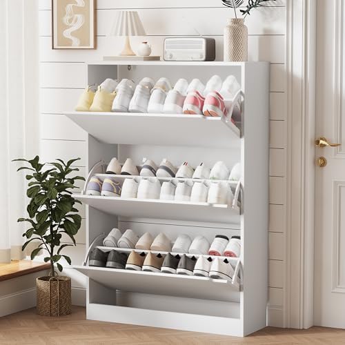 Xixini Shoe Storage Cabinet for Entryway with 3 Flip Drawers, Sturdy Wood Hidden Shoe Storage, Freestanding Narrow Slim Shoe Organizer for Front Door Entrance, Living Room, Hallway, Bedroom, White