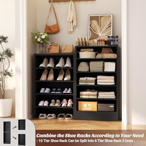 Aheaplus 10 Tiers Narrow Wood Shoe Rack, Tall Shoe Storage Cabinet, Black