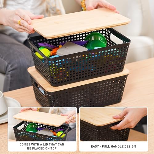 Storage Bins with Lids 6 Packs, Plastic Storage Bins with Bamboo Lids for Pantry Organization and Storage Containers for Shelves Drawers Desktop Closet Office Home, Black
