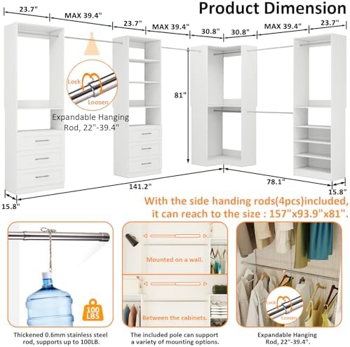 Vomavex Closet System with 4 sets, 101.9" Closet Organizer Systems with 6 Drawers & 8 Hanging Rods & Adjustable Shelves, Walk in Closet Standing Closet System, Corner Closet System Set, White