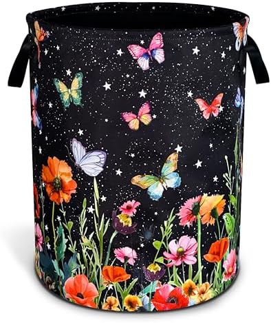 Colorful Butterflies Flowers Laundry Basket Oxford Cloth 18.9 x 16.5 Inch
