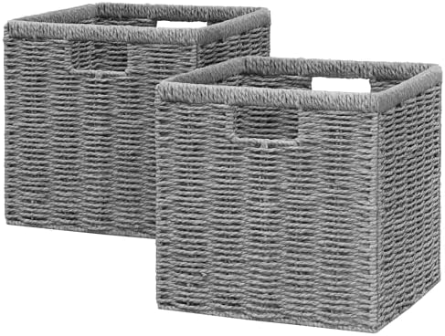 Vagusicc 11 inch Wicker Basket, Set of 2 Handwoven Storage Cubes with Handles, Foldable Paper Rope Storage Baskets for Organizing, Shelves, Bathroom, Grey
