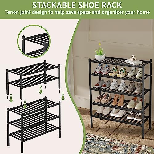 ROMGUAR CRAFT 3 Tier Bamboo Shoe Rack for Closet Free Standing Wood Shoe Shelf Storage Organizer for Entryway Small Space Stackable 27"x11"x20" (Black) (Pack of 2)