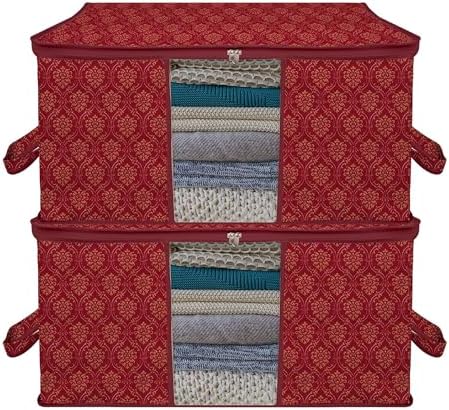 Kuber Industries (Pack of 12) Underbed Storage Bag | Golden Printed | Large Blanket Organizer | Clothing Storage Bag | Clear Window & Handle Storage Bag | Kambal Storage Bag | Maroon