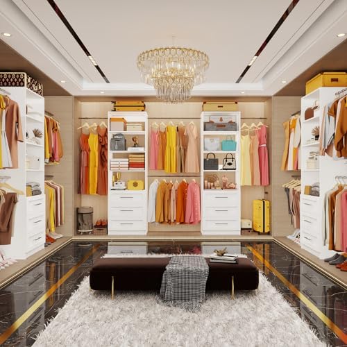 Fastgo Closet System with Drawers, 5-9FT Closet Organizer System with 4 Expandable Rods & Adjustable Shelves for Walk in Closet, 96” Built in Closet System Tower, Small Closet Storage System, White