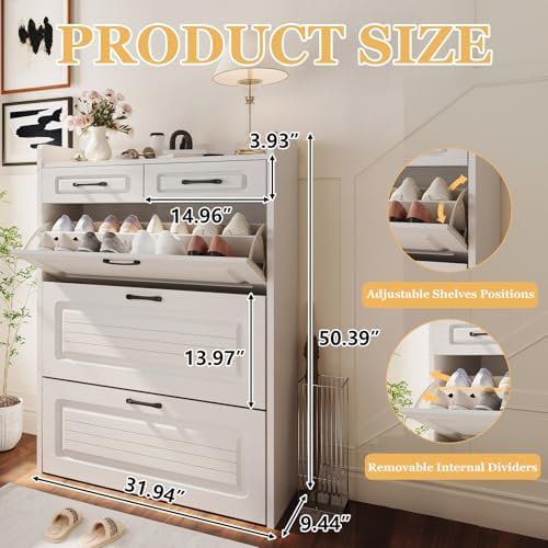 ODUWA Shoe Cabinet with 3 Flip Drawers and 2 Storage Drawers, Shoes Organizer Cabinets with Adjustable Divider, Hidden Shoe Storage Cabinet for Entryway, Hallway, Living Room, White