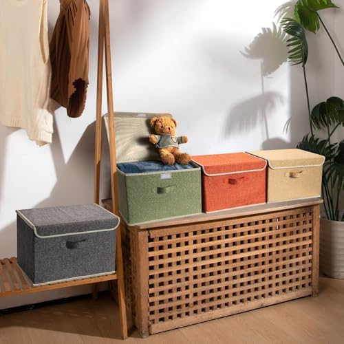 Storage Bins with Lid, Foldable Clothing Storage Box case with Handle for Books, Closet, Bedroom, Home, 4 Color Set A, 15L x 10W x 10H inch