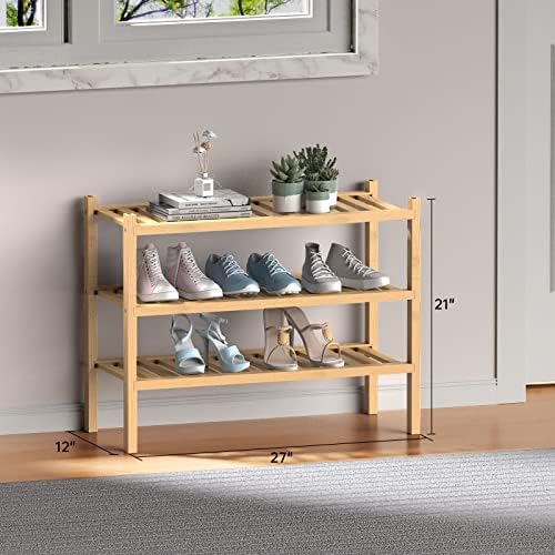 ROMGUAR CRAFT (Thick Bamboo Shoe Rack for Entryway, 3-Tier Free Standing Shoe Racks Stackable Shoe Rack Organizer for Hallway Closet Living Room 27 x12 x21 Inches