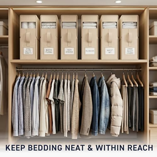 Ornavo Home Linen Bed Sheet Organizer Bins 4 Pack, With Handles, Khaki