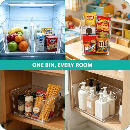4 Pack Clear Storage Bins, PET Pantry Organizers & No-Tip Storage Containers with Cutout Handles for Fridge Freezer Kitchen Cabinet Closet Countertop, Nestable Open Top Organization Bins Save Space