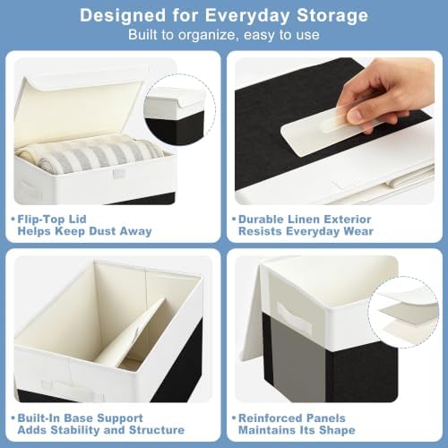 Large 17" 42 Quarts Collapsible Stackable Storage Bins with Lids [3-Pack] Foldable Fabric Linen Storage Boxes Cube, Closet Organizer Baskets with Label for Home (16.7 x 12 x 12", Black & White)