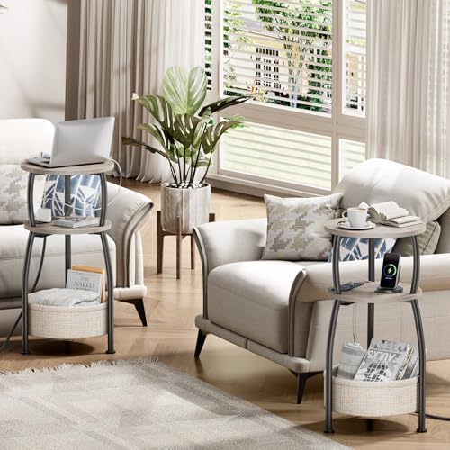Side Table with Charging Station, Small Round End Table with Basket | Sofa Table with USB Port and Outlet, 3 Tiers Accent Bedside Table for Bedroom, Living Room , Small Spaces, 11.81in Greige