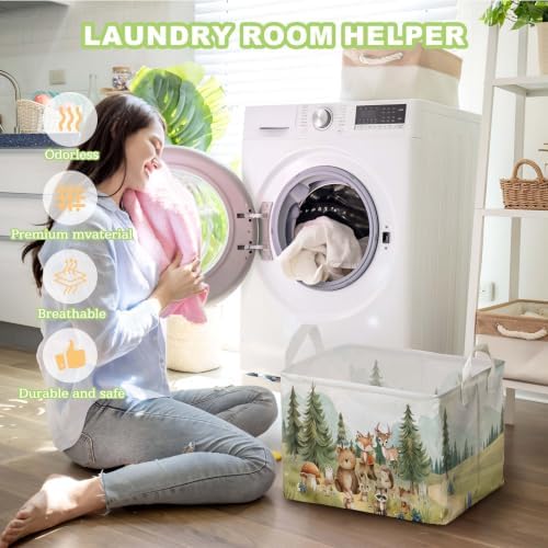 Cute Animals Storage Baskets, Woodland Nursery Decor, Woodland Baby Shower Decorations, Large Squarecanvas Laundry Hamper With A Waterproof PECoating, Foldable Kids Toy Clothes Bins for Bedroom