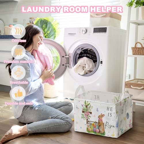 Eggs Rabbit Easter Basket, Butterfly Bow Baby Gift Basket, Cross Flower Empty Toy Nursery Bin, Large Squarecanvas Laundry Hamper With A Waterproof PECoating, Foldable girlsToy Clothes Bins for Bedroom
