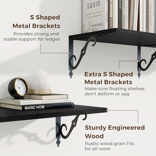RICHFOCUS 12 Inch Deep Floating Shelves for Wall, 48" W x 12" D Black Wood Wall Shelves Set of 2, Wide Floating Shelves for Living Room, Bedroom, Kitchen, Bathroom and Decor Storage, Black