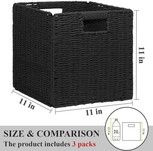 Wicker Storage Baskets for Organizing, 3 Pack Rustic Foldable Square Basket for Shelves, Handwoven Cubby Organizer Bins for Home Decor, Small Cube Storage Bin for Closet Organization (Black 11 inch)