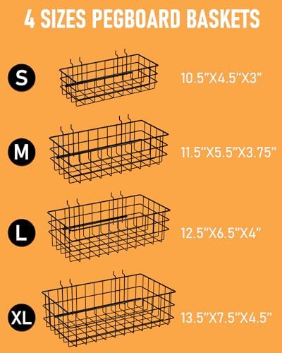 INCLY 4 Pack Pegboard Baskets Bins Set, Black Metal Pegboard Accessories | 4 Size Square Style, Metal Wire Basket, For Any Peg Board Organizing Tools, Workbench Garage Wall Storage
