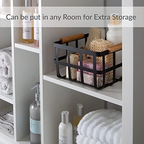 Simplify 4 Pack Square Metal Storage Basket with Bamboo Handles | Medium | Farmhouse Style Wire Basket | Home Organizer | Decorative | Rustic | Black (KIT-10037-BLACK-4PK)
